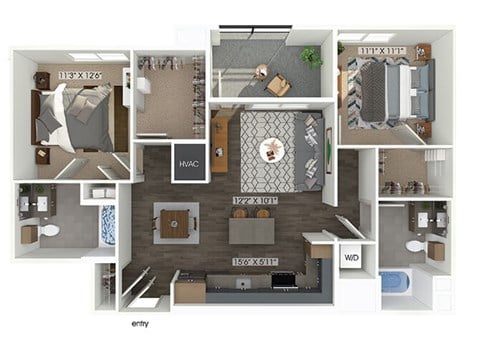 Floor plan for 2 beds, 2 baths, 1061 sqft